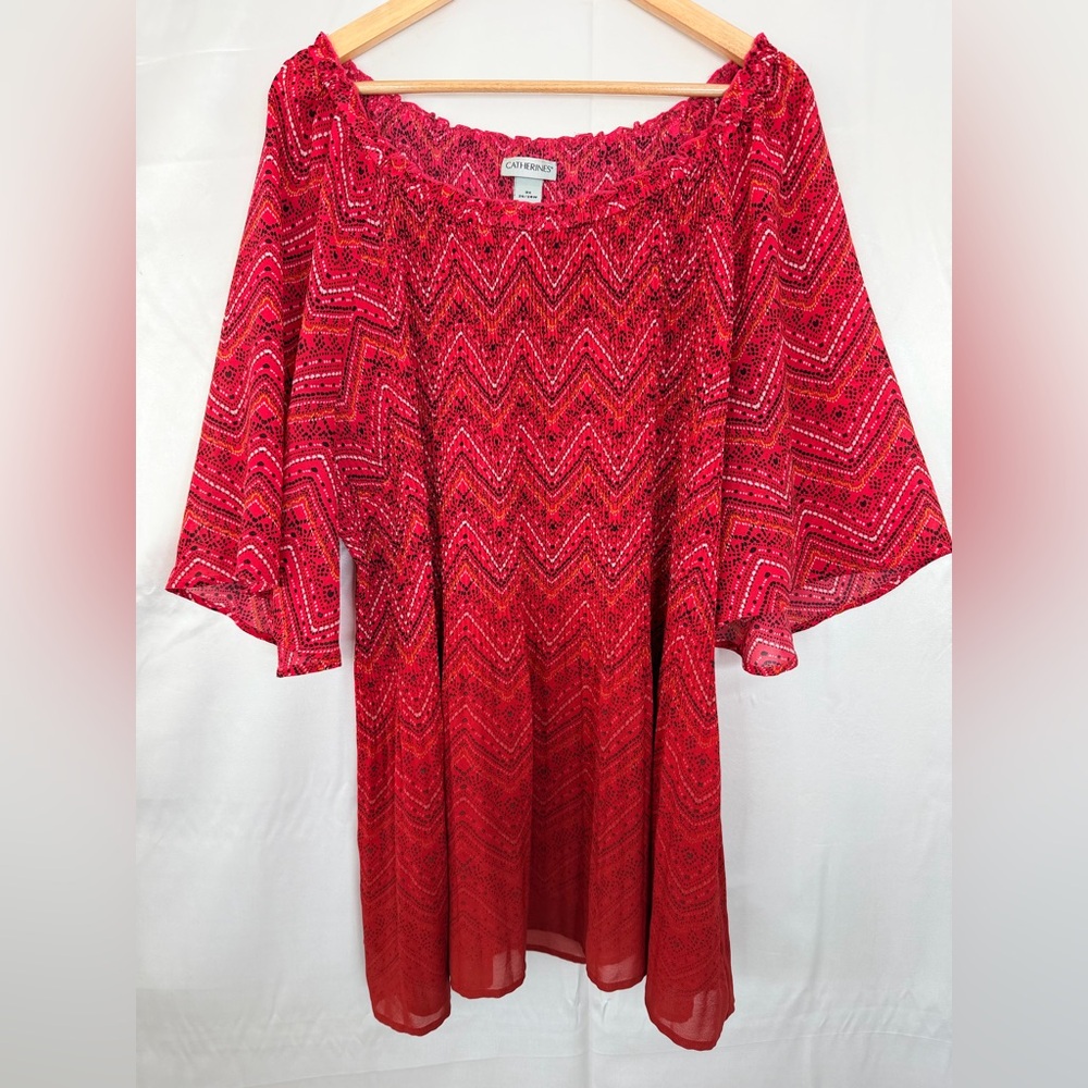 Catherines Red Smocked Peasant Top 3X Boho Flutter‎ Sleeve Blouse